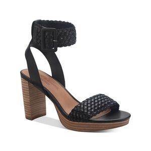 SUN STONE Womens Black Woven Stefani Round Toe Block Heel Leather Sandals 9.5 M